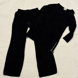 Vintage US WEAR 2 Piece Slinky Black Pants Outfit Rhinestone Zip Top Size S